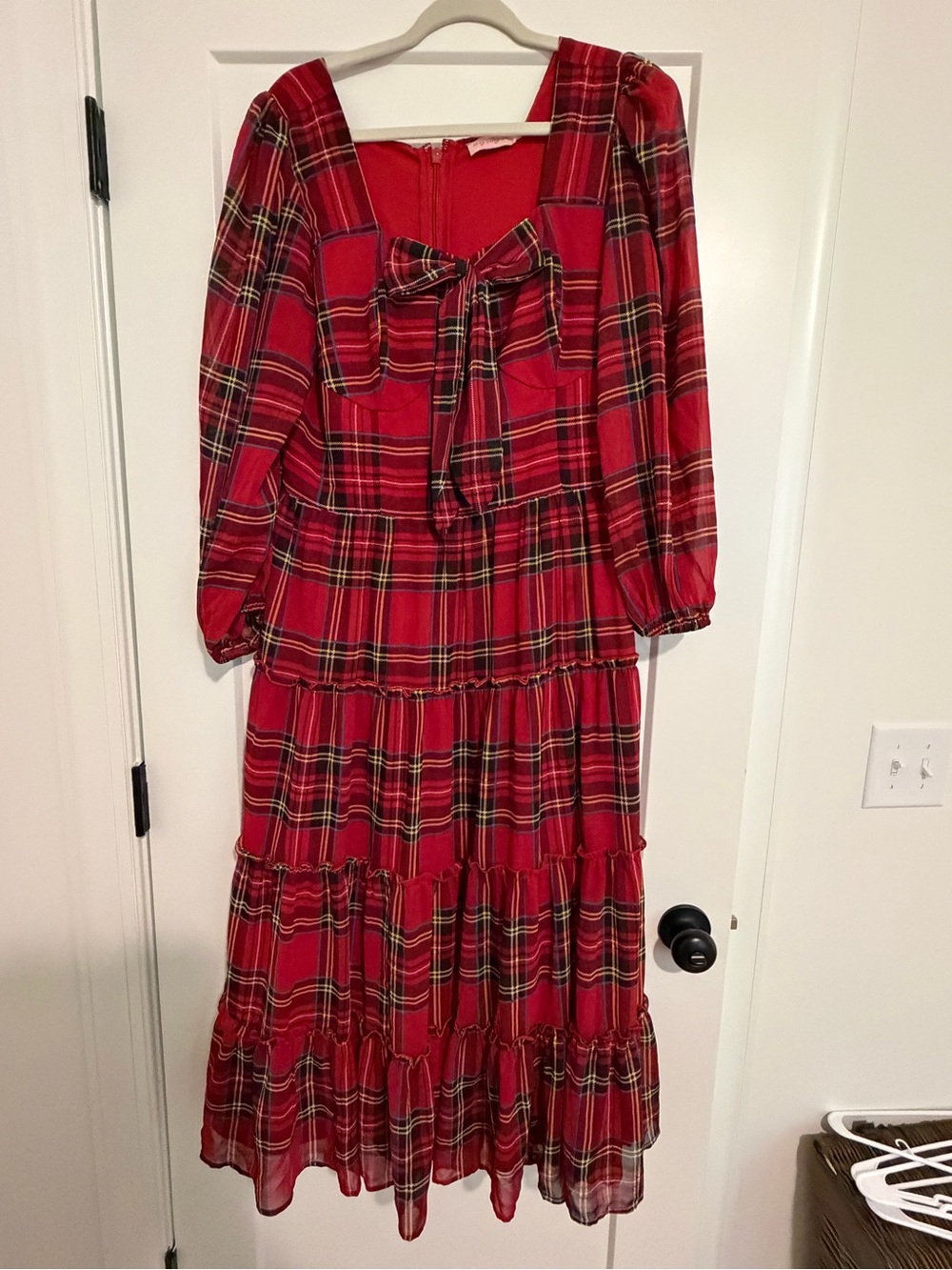 Ivy City Co Red Plaid Tiered Maxi Dress with Bow
